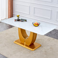 Modern Simple Luxury White Imitation Marble Decorative Glass Dining Table, Golden Legs, Rectangular Desk. A Computer Desk. Games Table, Dining Room, Living Room, Terrace, Kitchen. Gold White Mdf