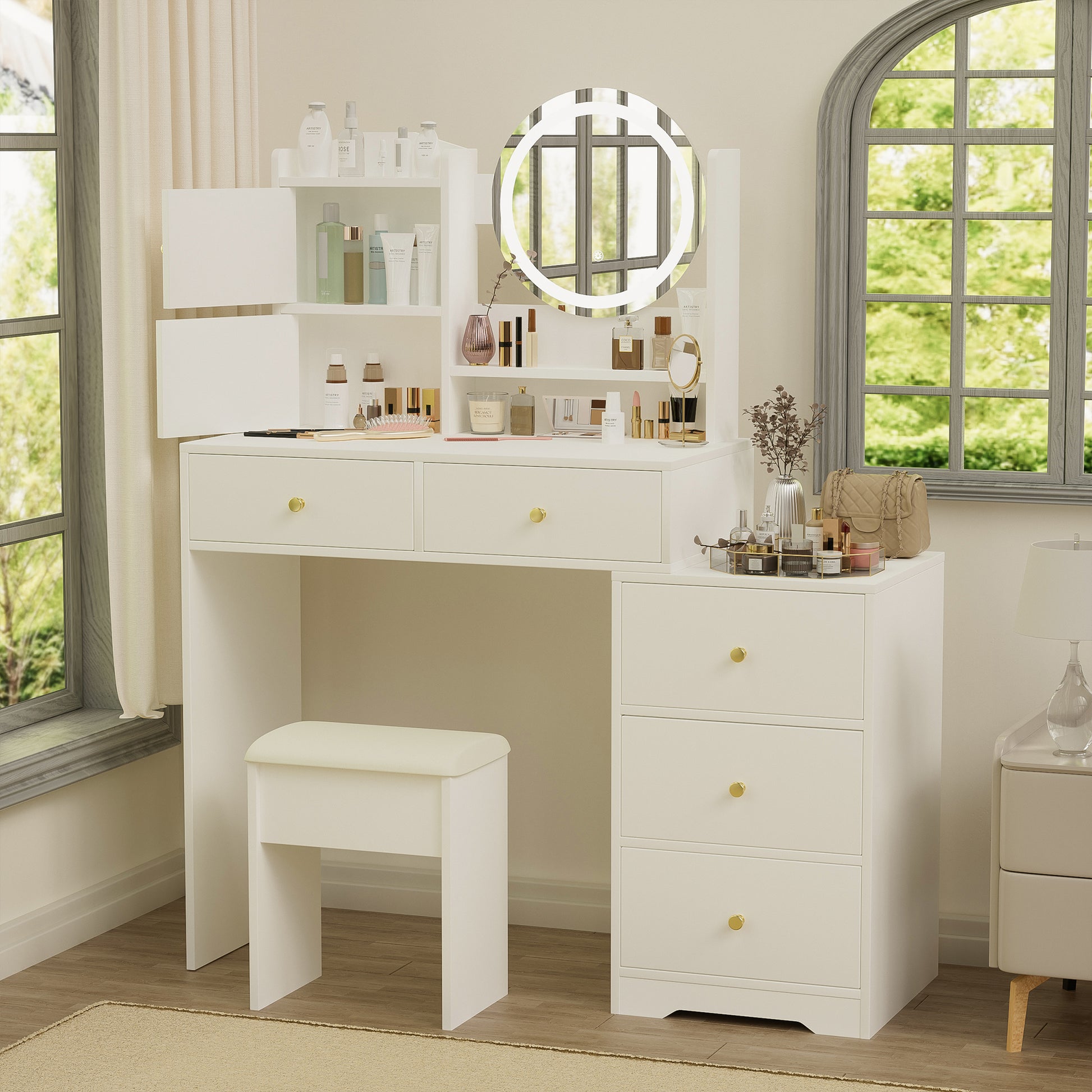 Fashion Vanity Desk With Mirror And Lights For Makeup And Cushioned Chair, Vanity Mirror With Lights And Table Set With 3 Color Lighting Brightness Adjustable,Dressing Table, White Color White