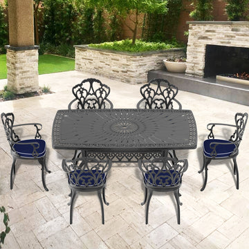 Cushions In Random Colors 7 Piece Set Of Cast Aluminum Patio Furniture With Cushions Yes Dining Set Black Seats 6 Rust Resistant Frame Water Resistant Cushion Garden & Outdoor Complete Patio Sets Aluminium