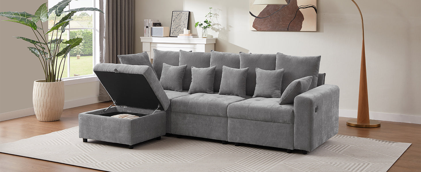 96.45"Sectional Sofa Modular Sofa Couch With Three Usb Ports, A Removable Storage Ottoman And Five Back Pillows For Living Room, Grey Grey Foam Chenille 4 Seat