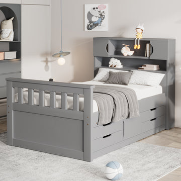 Twin Size Captain Platform Bed Frame With Storage Bookcases And Shelves,Four Drawers, Gray Twin Gray Solid Wood Mdf