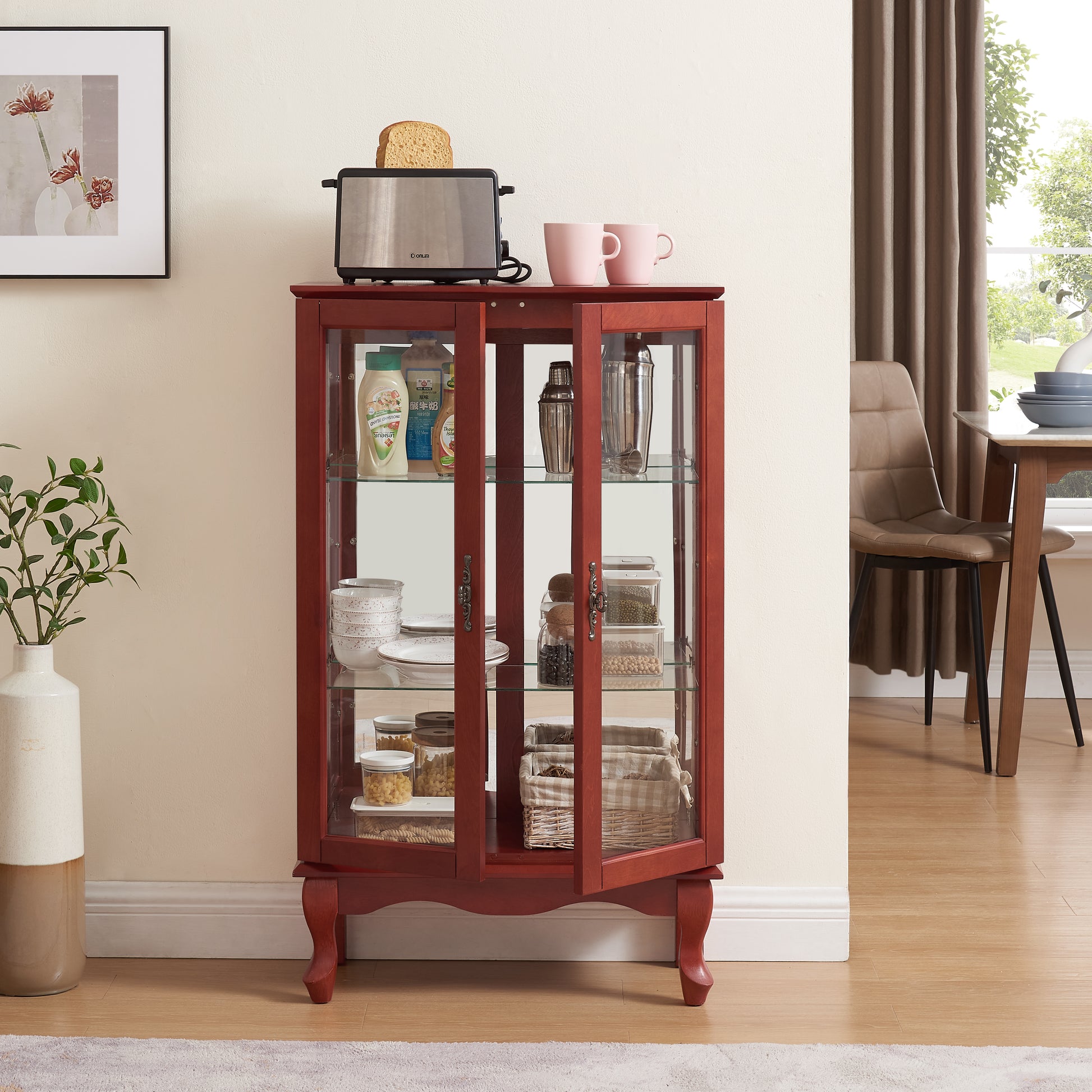 2 Doors Curio Cabinet With Tempered Glass Doors, Curio Cabinets With Mirrored Back Panel And Adjustable Shelves, Lighted Display Cabinet For Home, Office Light Bulb Included Cherry Cherry Mdf Glass