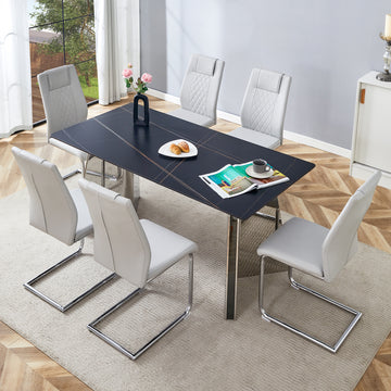 Table And Chair Set.63"X31.5X30" Black Marble Patterned Slabs Tabletop With Stainless Steel Butterfly Legs.Paried With 6 Light Gray High Quality Pu Chairs With Silver Metal Legs. Light Gray,Silver