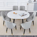 Table And Chair Set.Modern Extendable Mdf Dining Table.The Table Has A Telescopic Design, Suitable For Gatherings Of Different Size.Paired With 6 Light Gray Chairs With Pu Cushions And Metal Legs. Light Gray,White Seats 6 Mdf Metal