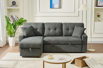 Sectional Sofa Bed L Shaped Sofa Couch Bed With Usb Port, Reversible Sofa Couch Sleeper With Pull Out Bed, Chaise With Storage, Pull Out Couch For Living Room Dark Gray Wood Fabric 3 Seat