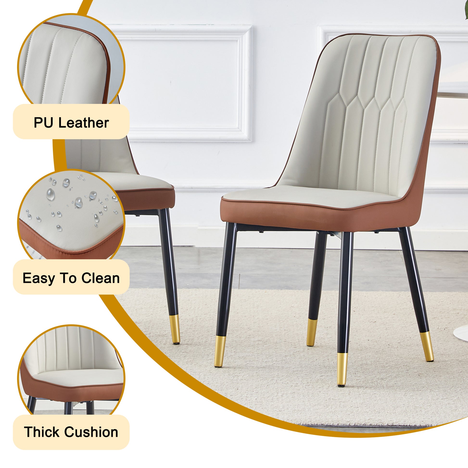 Table And Chair Set.Modern Rectangular Dining Table With Black Textured Stickers Glass Tabletop And Gold Plated Metal Legs.Paried With 6 Comfortable Chairs With Pu Seats And Black Metal Legs. Black Gold,Brown,Light Gray Seats 6 Glass Metal