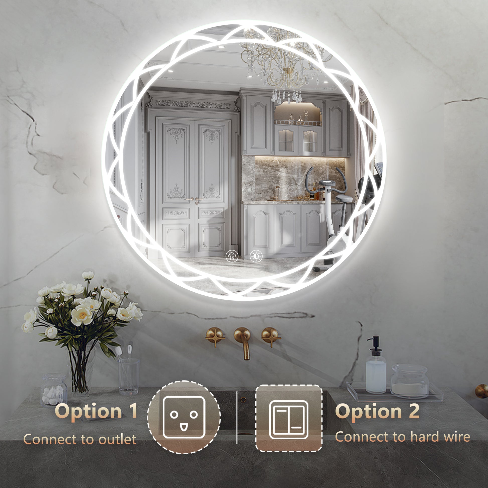 36" Round Led Bathroom Mirror Adjustable Color Temperatures And Anti Fog, Wall Mounted Design White Black Aluminium,Tempered Glass