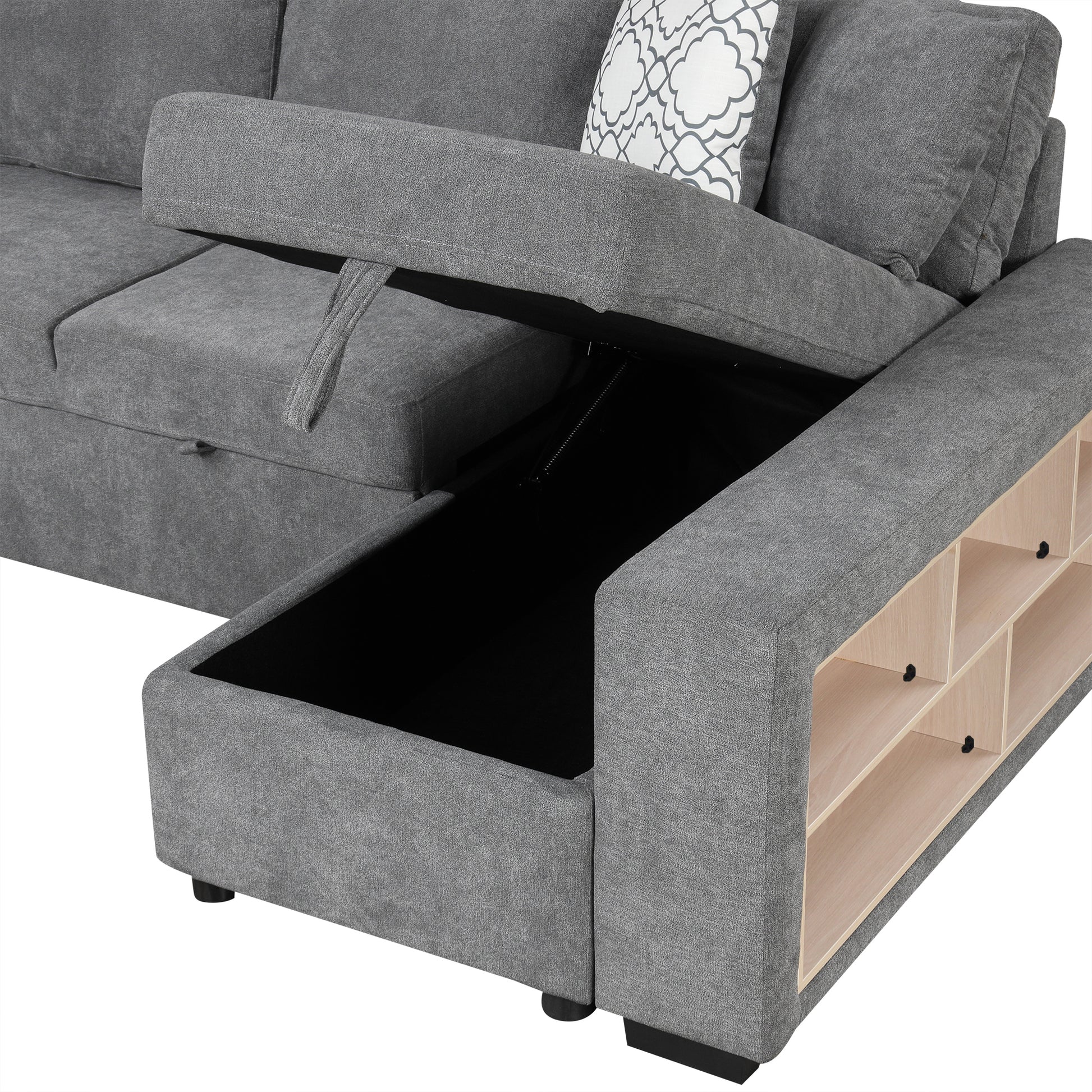 109" U Shaped Sectional Sofa Pull Out Sofa Bed With Two Usb Ports, A Storage Chaise Lounge And Four Back Pillows For Living Room, Grey Grey Foam Chenille 5 Seat