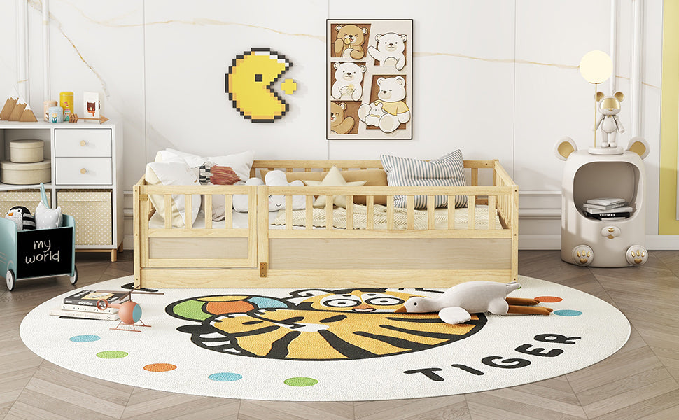 Twin Size Floor Bed, Integral Construction With Super High Security Barrier, Door, Children'S Floor Bed Frame, Montessori Wooden Children'S Floor Bed, Support Slat Natural Wood Box Spring Required