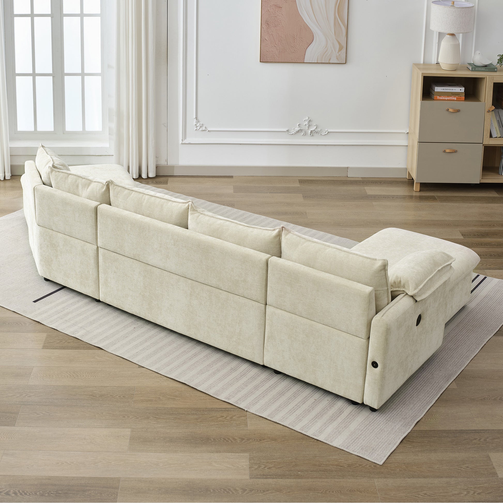 146.9" L Shaped Sofa Sectional Sofa Couch Pull Out Sofa Bed With A Movable Storage Ottoman, A Storage Chaise Lounge And Two Usb Ports For Living Room, Beige Beige Foam Linen 5 Seat