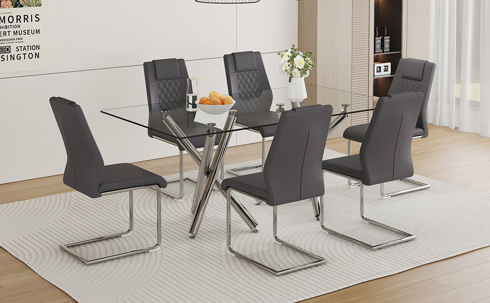 Table And Chair Set.Large Minimalist Rectangular Glass Dining Table For 6 8 With 0.39" Tempered Glass Tabletop And Silver Chrome Metal Legs.Paried With Comfortable Chairs With Pu Seats And Metal Legs. Silver Seats 6 Glass Metal
