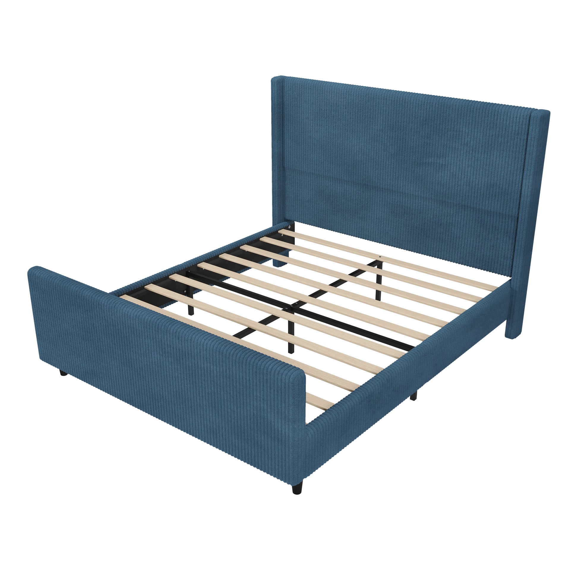 50.7'' High Headboard Corduroy Upholstered Bed Frame With Vertical Stripe Wingback And High Footboard No Box Spring Needed, Queen Size, Blue Box Spring Not Required Queen Blue Wood Bedroom Modern Bed Frame Wood