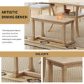 6 Piece Wood Dining Table Set With Storage Shelf And Curved Legs, Kitchen Table Set With Bench And 4 Removable Cushions Dining Chairs, Modern Style, Natural Beige Cushion Wood Dining Room Distressed Finish Rubberwood Rectangular Dining Table With Bench