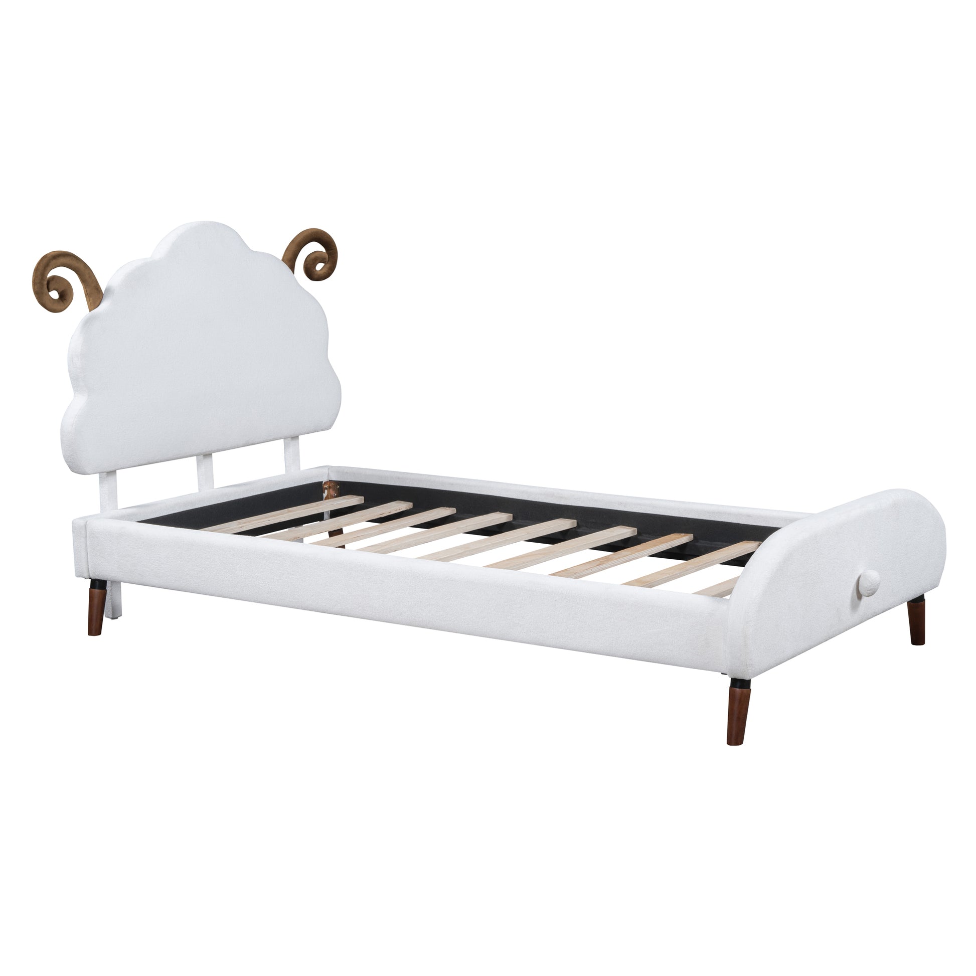 Twin Size Upholstered Platform Bed With Sheep Shaped Headboard, White Twin White Plywood