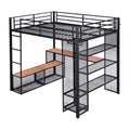 Full Size Metal Loft Bed With Storage Iron Mesh And Mdf Shelves And Open Wardrobe,Black Black Metal