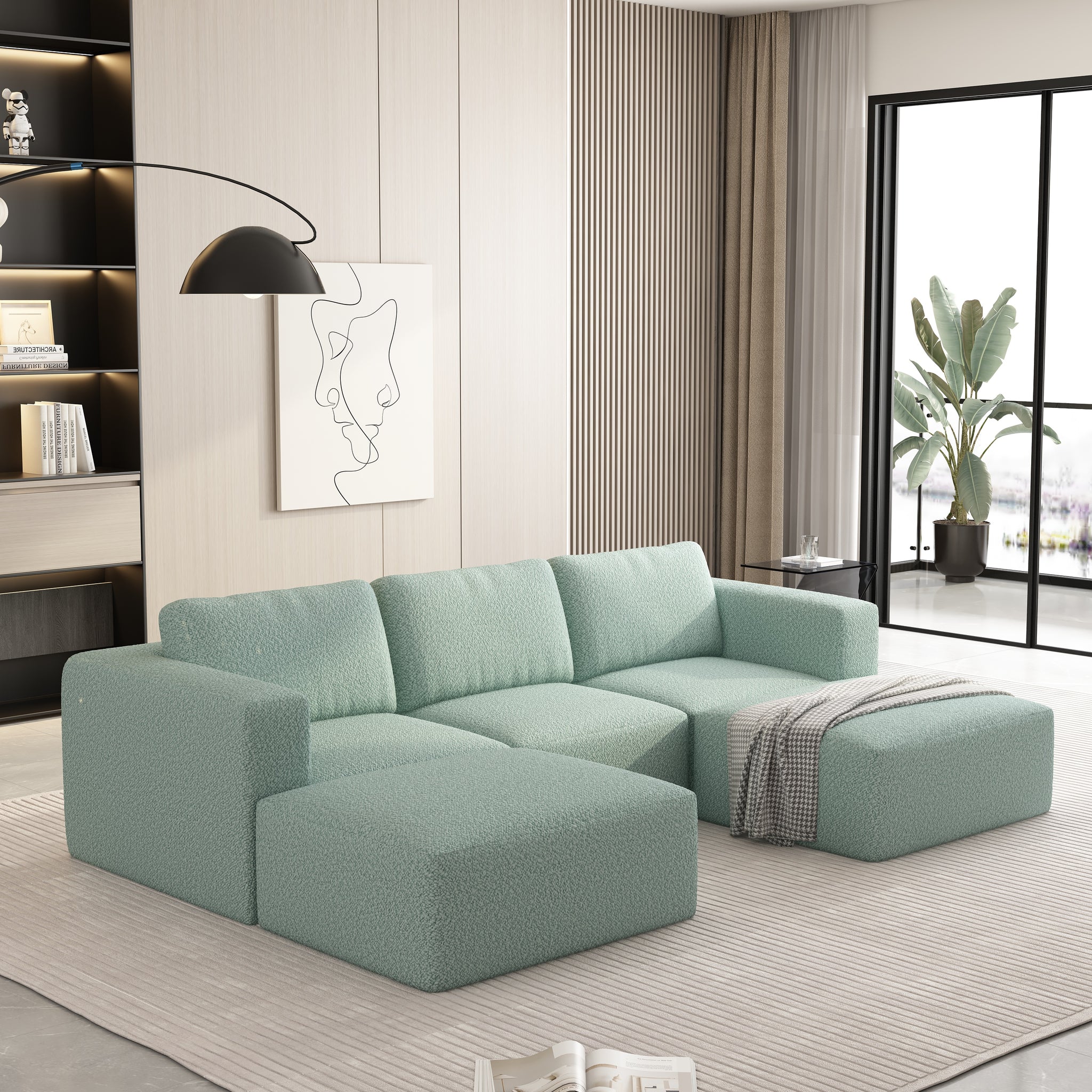 104.32*66.92 Modular Sectional Sofa Sleeper Couch, Sectional Sofa With Chaise And Ottoman, Convertible U Shaped Modular Sofa Set. Compressed Spon, Light Green Combo A 2B 2D Light Green Primary Living Space Soft Minimalist,Modern Foam Spring 5 Seat