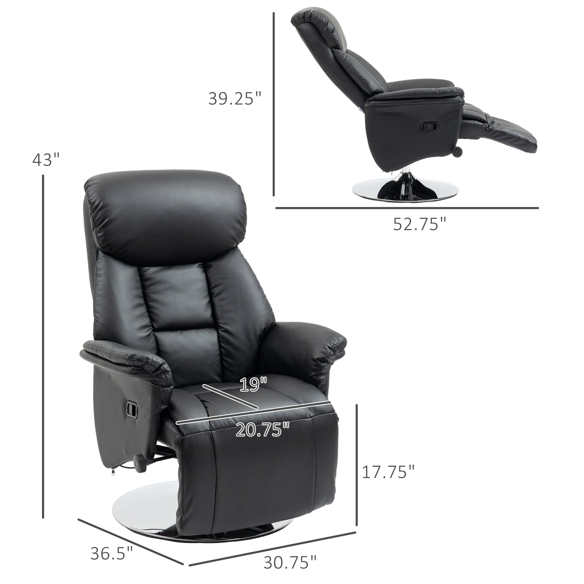 Homcom Manual Recliner Chair For Adults, Adjustable Swivel Recliner With Footrest, Padded Arms, Pu Leather Upholstery And Steel Base For Living Room, Black Black Steel