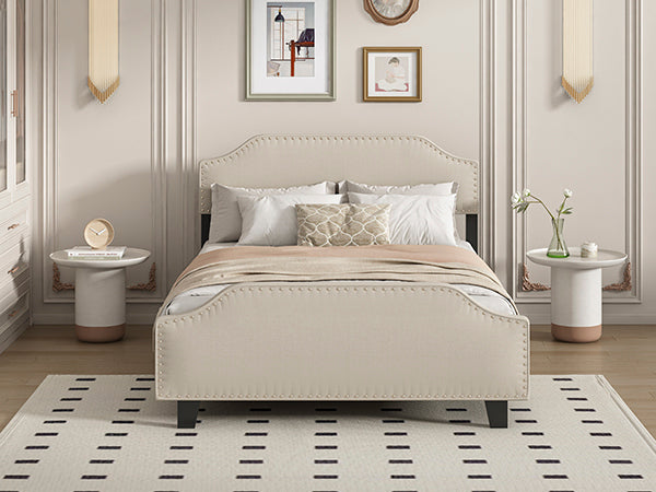 Upholstered Linen Queen Bed Frame, Platform Bed With Curved Shape Headboard And Footboard, Metal Frame With Wood Slat Support, Headboard Height Adjustable, No Box Spring Needed, Light Beige Box Spring Not Required Queen Light Beige Wood Bedroom Bed Frame