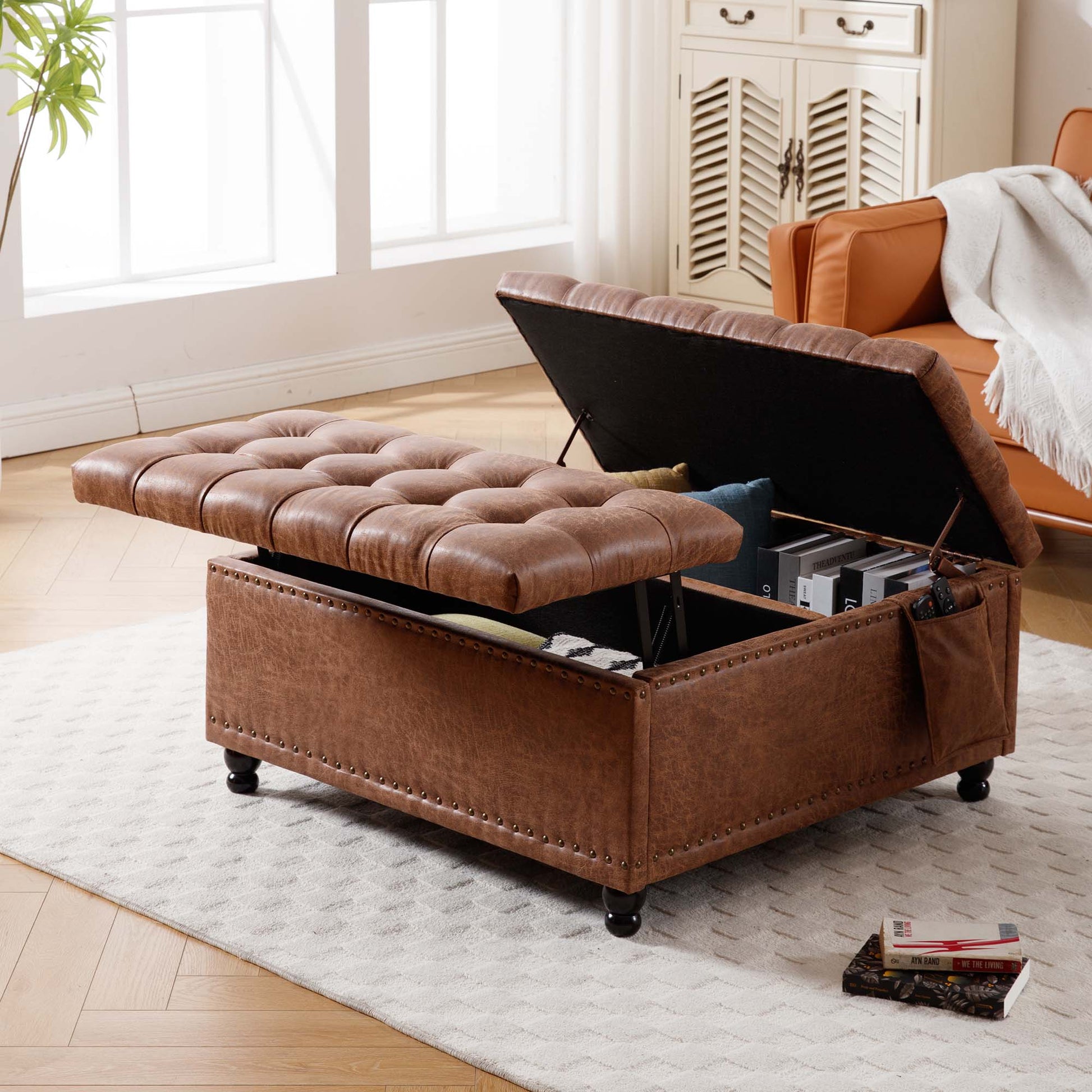 Storage Ottoman Bench Brown Brown Bedroom Leather Wood Fabric