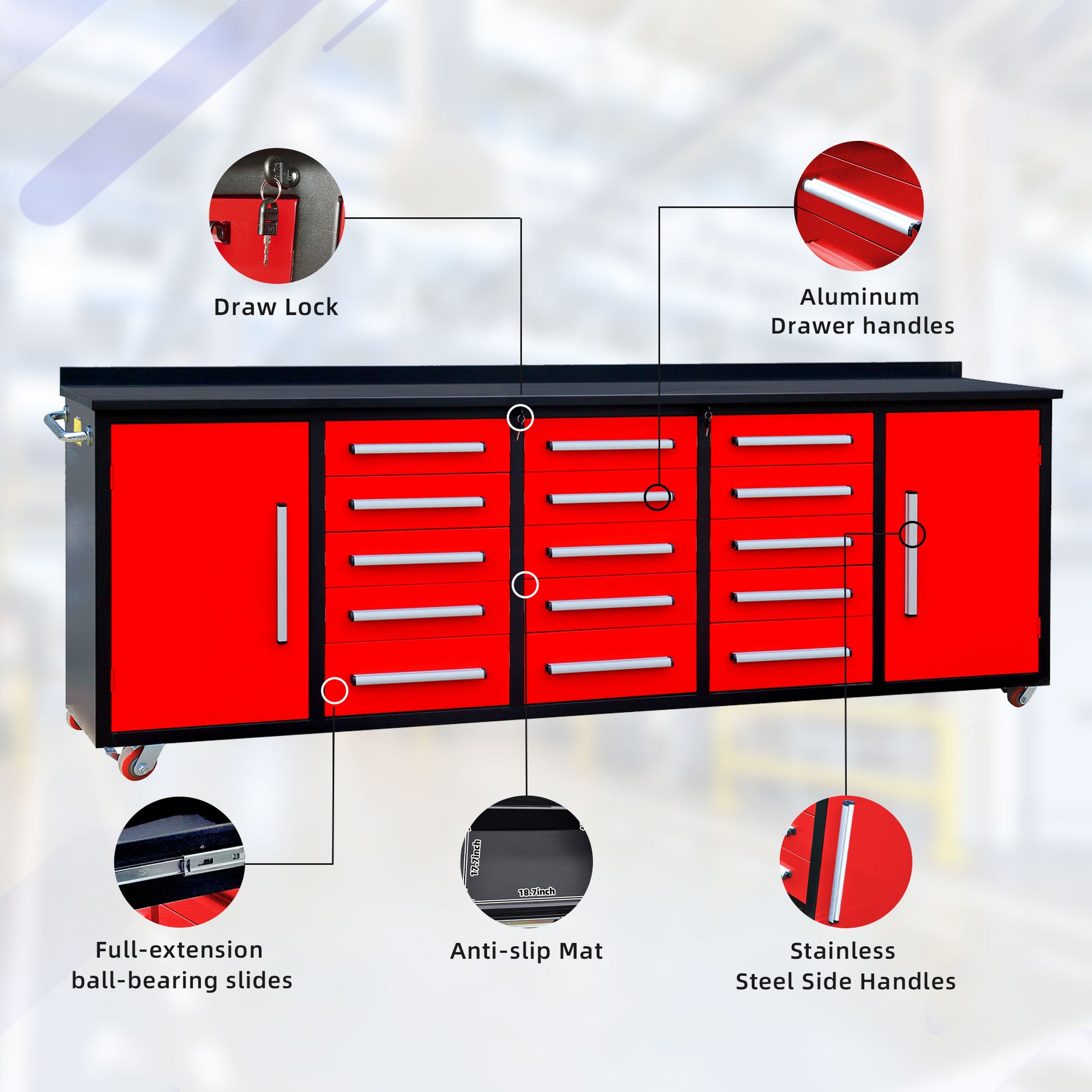 10Ft Storage Cabinet With Work Bench 15 Drawers & 2 Cabinets Red Red Steel