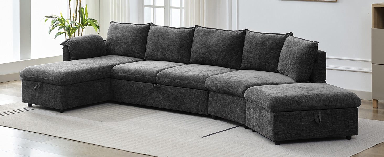 146.9" L Shaped Sofa Sectional Sofa Couch Pull Out Sofa Bed With A Movable Storage Ottoman, A Storage Chaise Lounge And Two Usb Ports For Living Room, Grey Grey Foam Linen 5 Seat