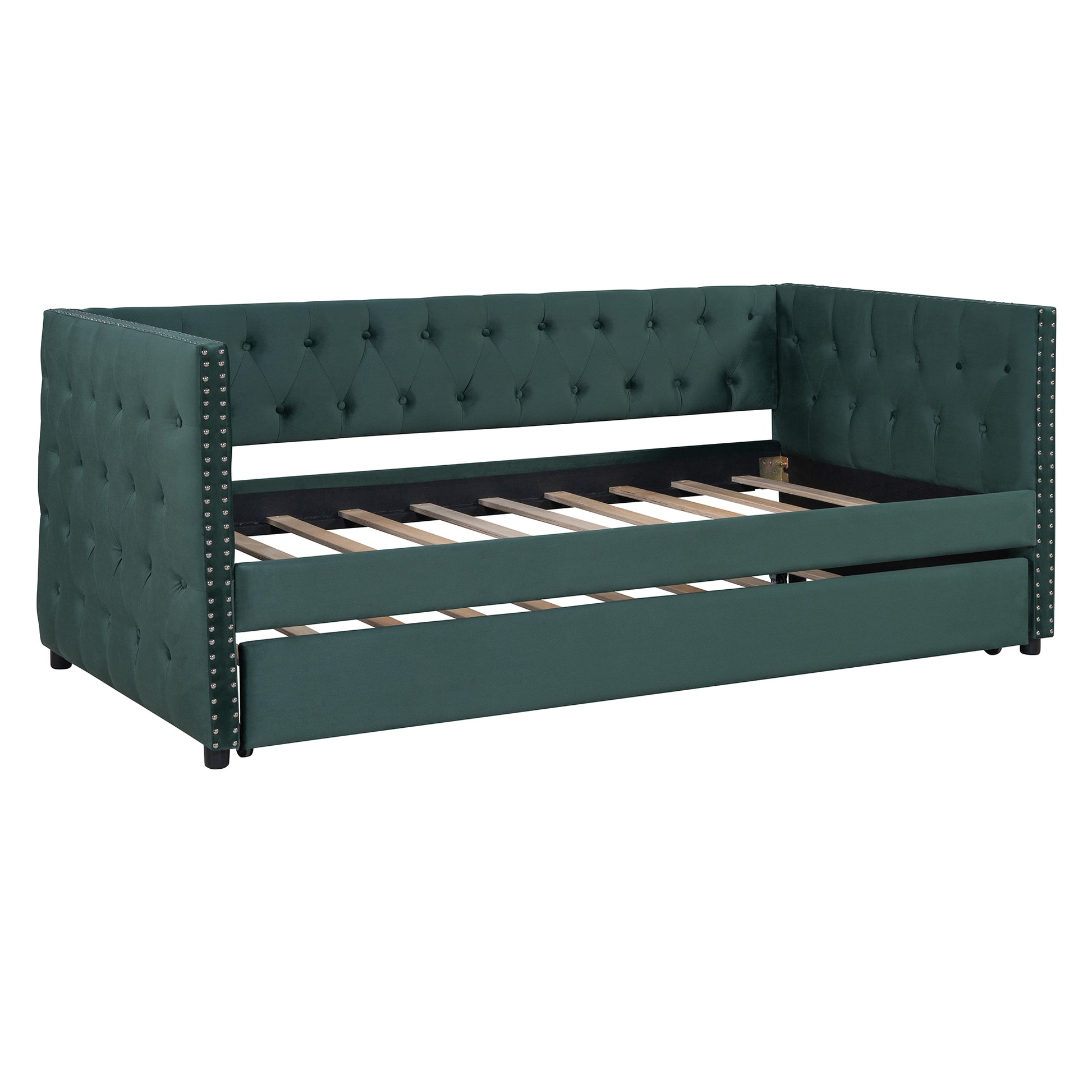 Twin Size Tufted Upholstered Daybed With Trundle, Velvet Sofabed With Rivet Design, No Box Spring Needed,Green Twin Green Velvet