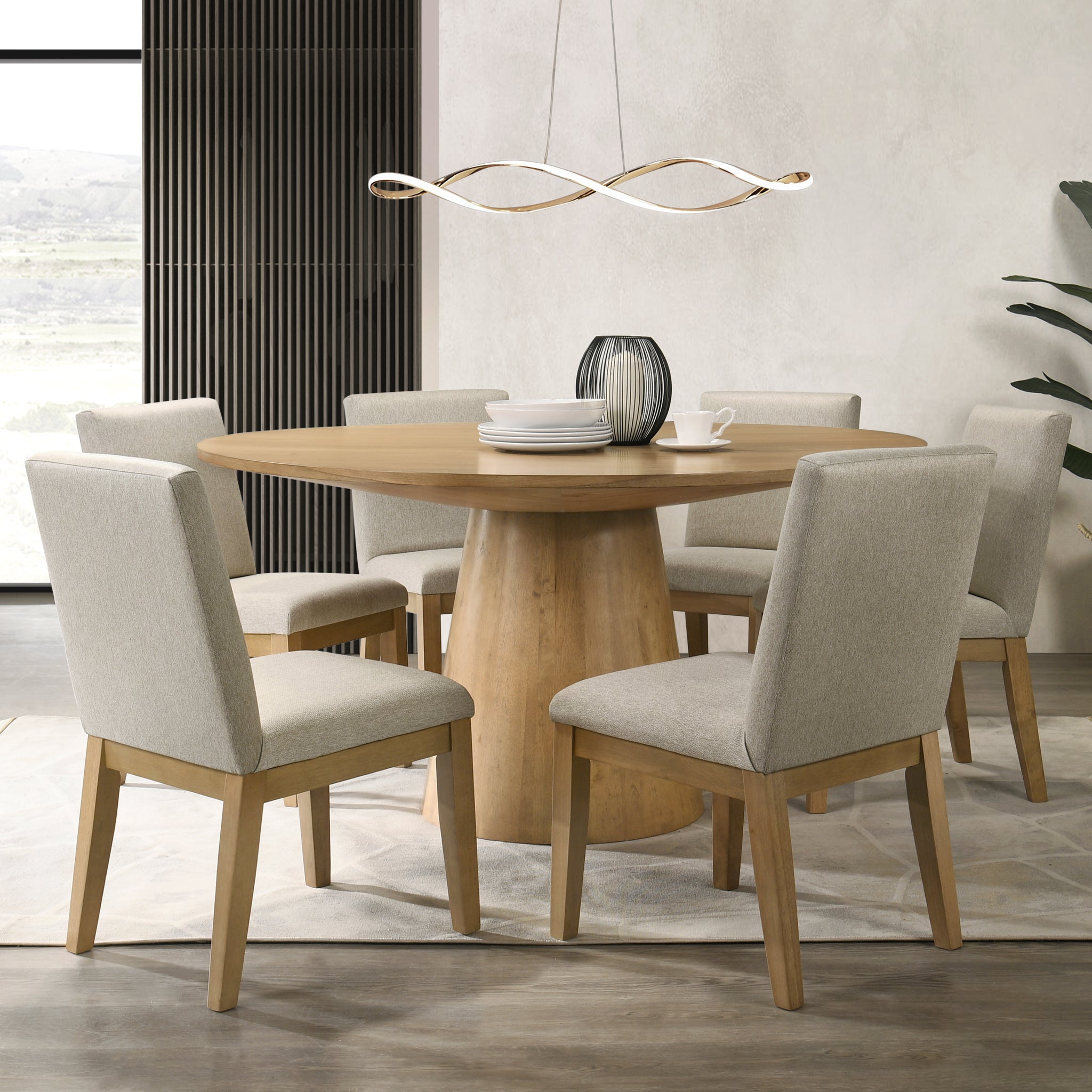 Jasper Driftwood Finish 7 Piece 59"W Round Dining Table Set With Beige Fabric Chairs Wood Wood