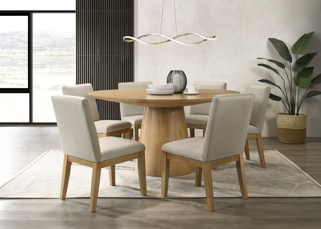 Jasper Driftwood Finish 7 Piece 59"W Round Dining Table Set With Beige Fabric Chairs Wood Wood