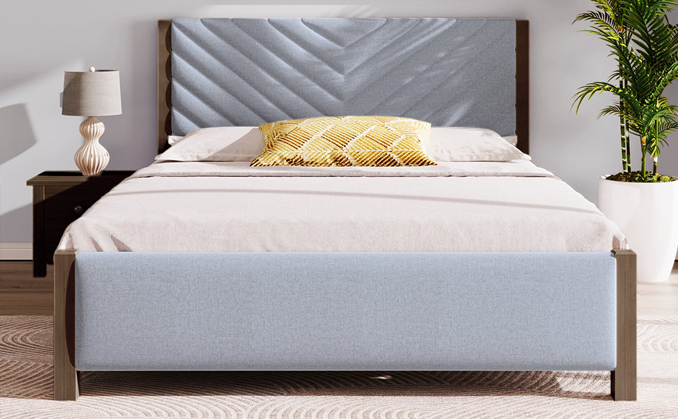 Modern Mid Century Queen Upholstered Platform Bed Frame With Tufted Headboard And Solid Wood Legs,No Box Spring Needed,Gray Box Spring Not Required Queen Gray Wood Bedroom Mid Century Modern,Modern Bed Frame Linen Wood