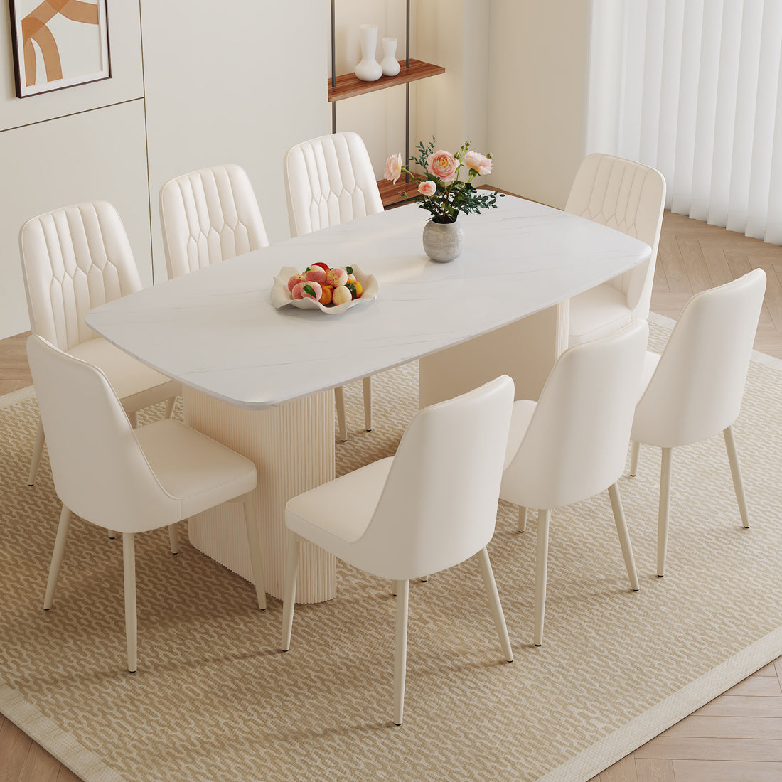 Table And Chair Set.67*35.4 Cream Style Mdf White Dining Table Set With 8 Cream Style Chairs.Adding A Warm And Gentle Atmosphere To Your Family.Creating A Comfortable And Friendly Dining