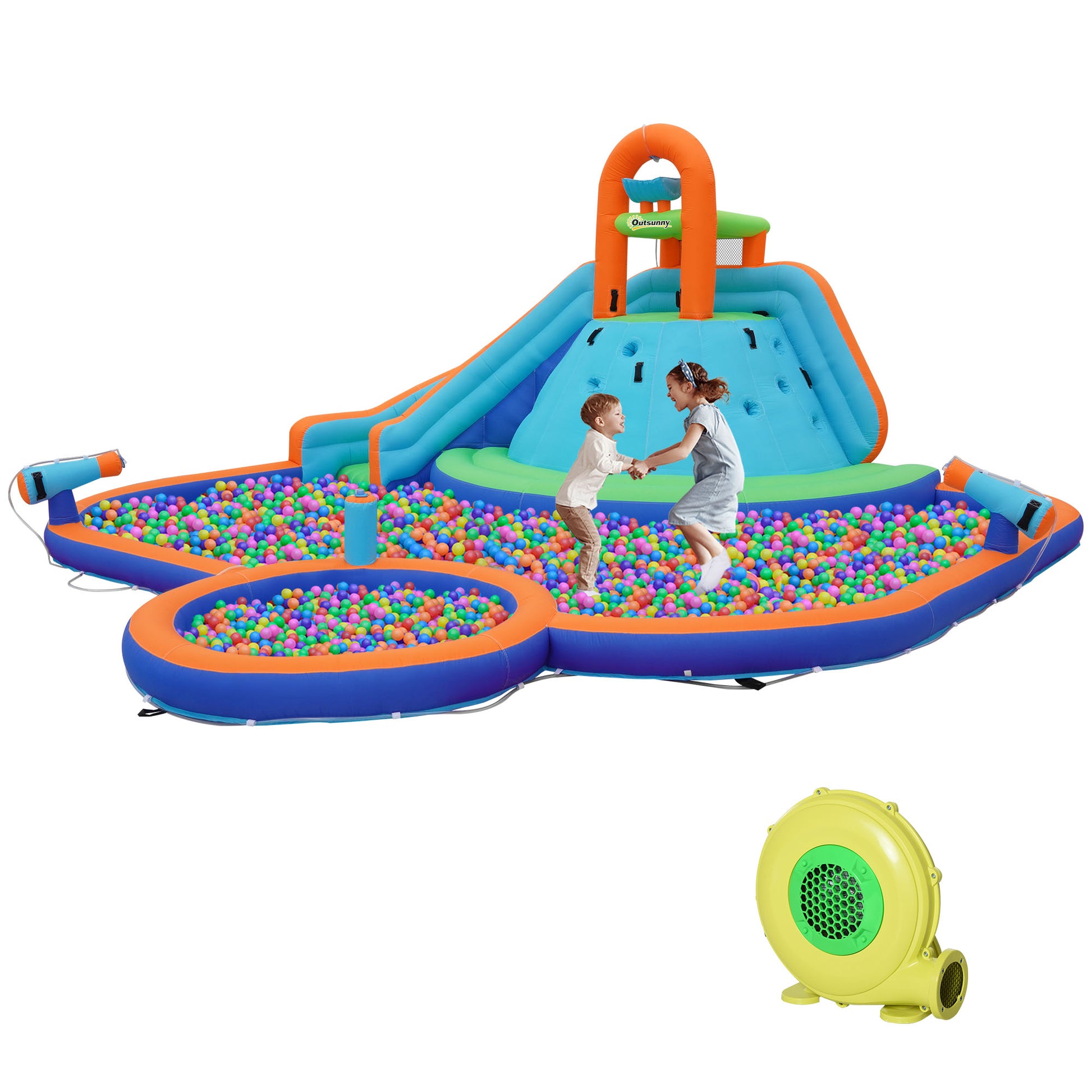 Outsunny Kids Inflatable Water Slide 4 In 1 Bounce House Water Park Jumping Castle With Water Pool, Slide, Climbing Walls, & 2 Water Cannons, 450W Air Blower Multicolor Oxford Fabric