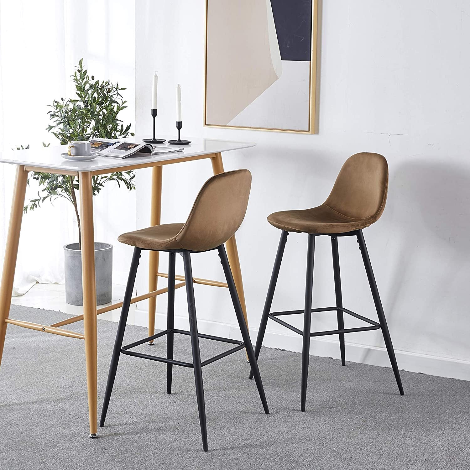 Bar Stools Set Of 2, 30 Inches Velvet Barstool Modern Counter Bar Height Chair With Back, Sturdy Metal Legs & Footrests, Easy Assembly, Island Stool For Kitchen Bar Brown Velvet