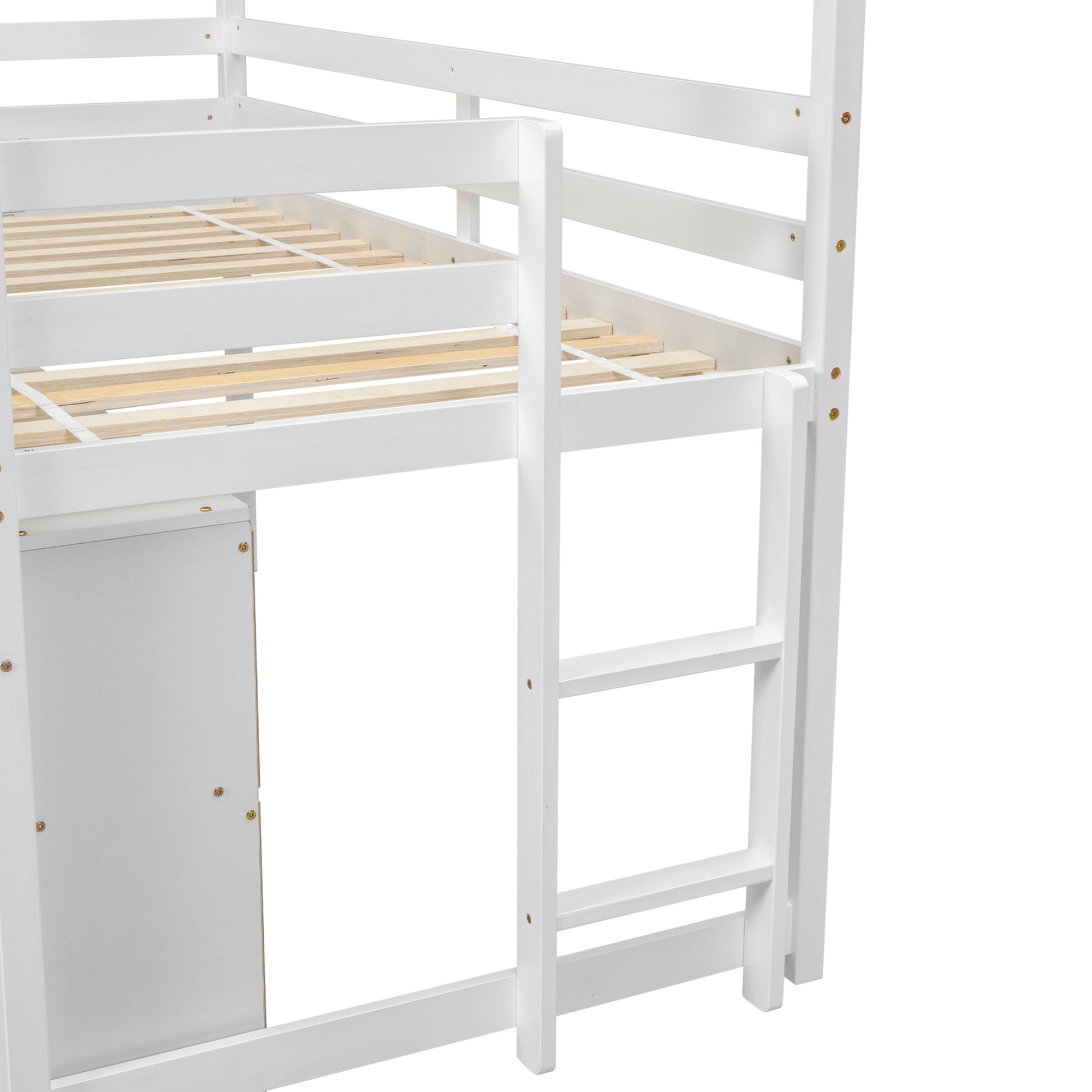 Twin House Loft Bed With Roof Frame, Under Bed Shelving Storage Unit, Guardrails, Ladder,White Twin White Bedroom American Design Pine Pine