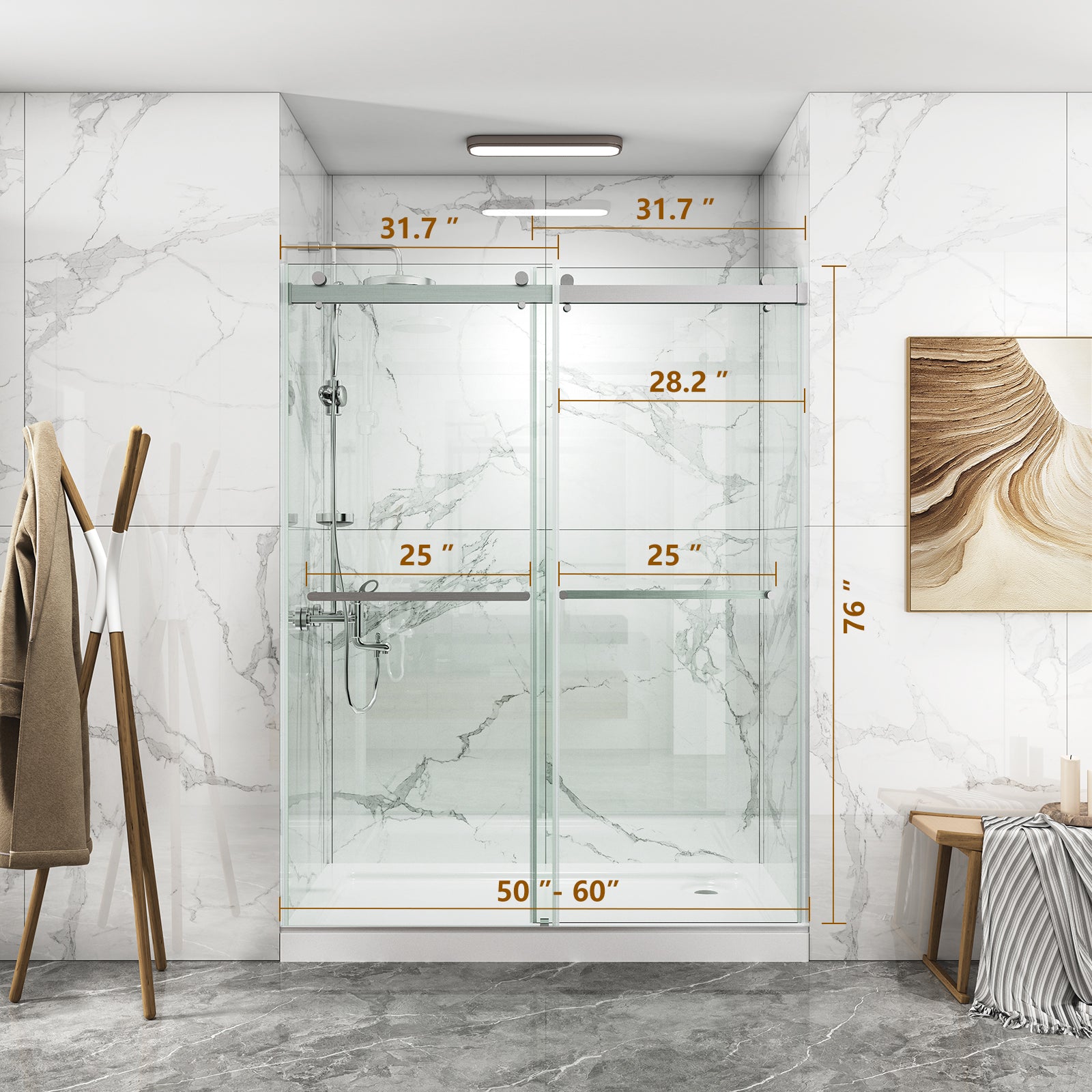 56 To 60'' W X 76'' H Frameless Shower Door, Double Sliding Shower Door With Premium 3 8'' 10Mm Thick Tempered Glass, Stainless Steel, Brushed Nickel Brushed Nickel Bathroom Modern Tempered Glass