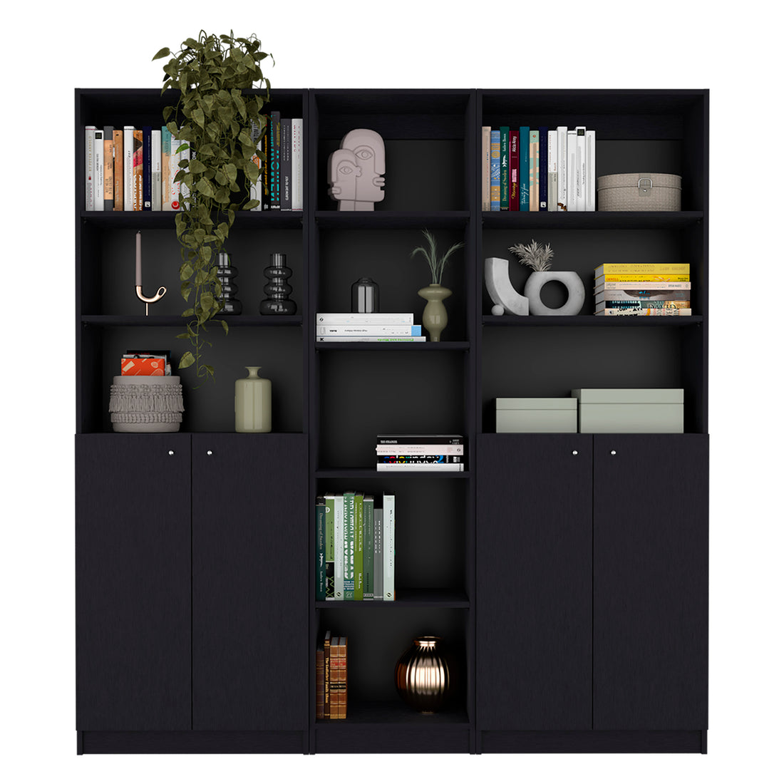 Acres 3 Piece Home Bookcase Set, 67" Wide With 11 Shelves And Two Double Door Cabinetliving Room Set Set Black Black Office Modern Particle Board