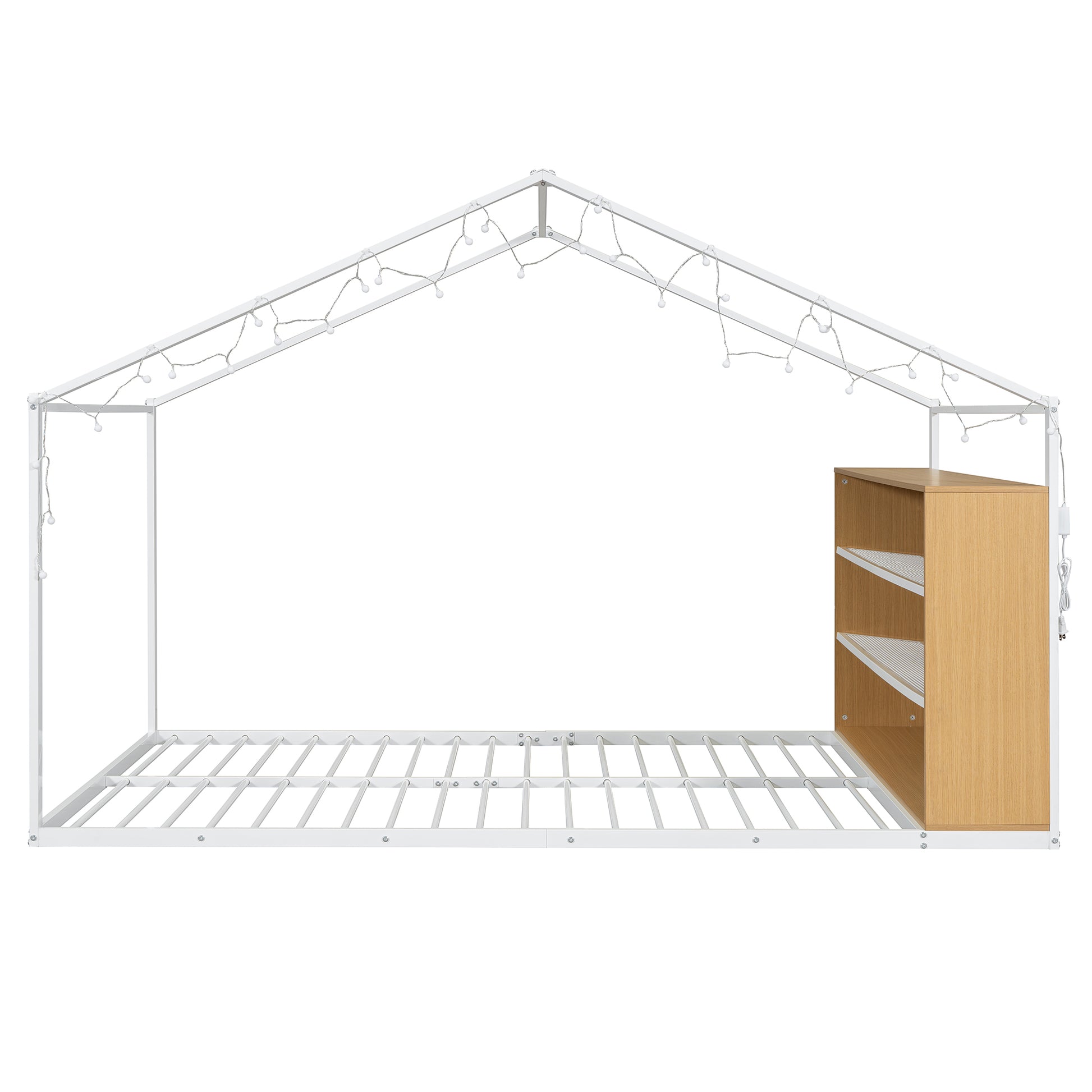 Full Size Metal Bed House Bed Frame With Shelves And Lights, White Full White Metal & Wood