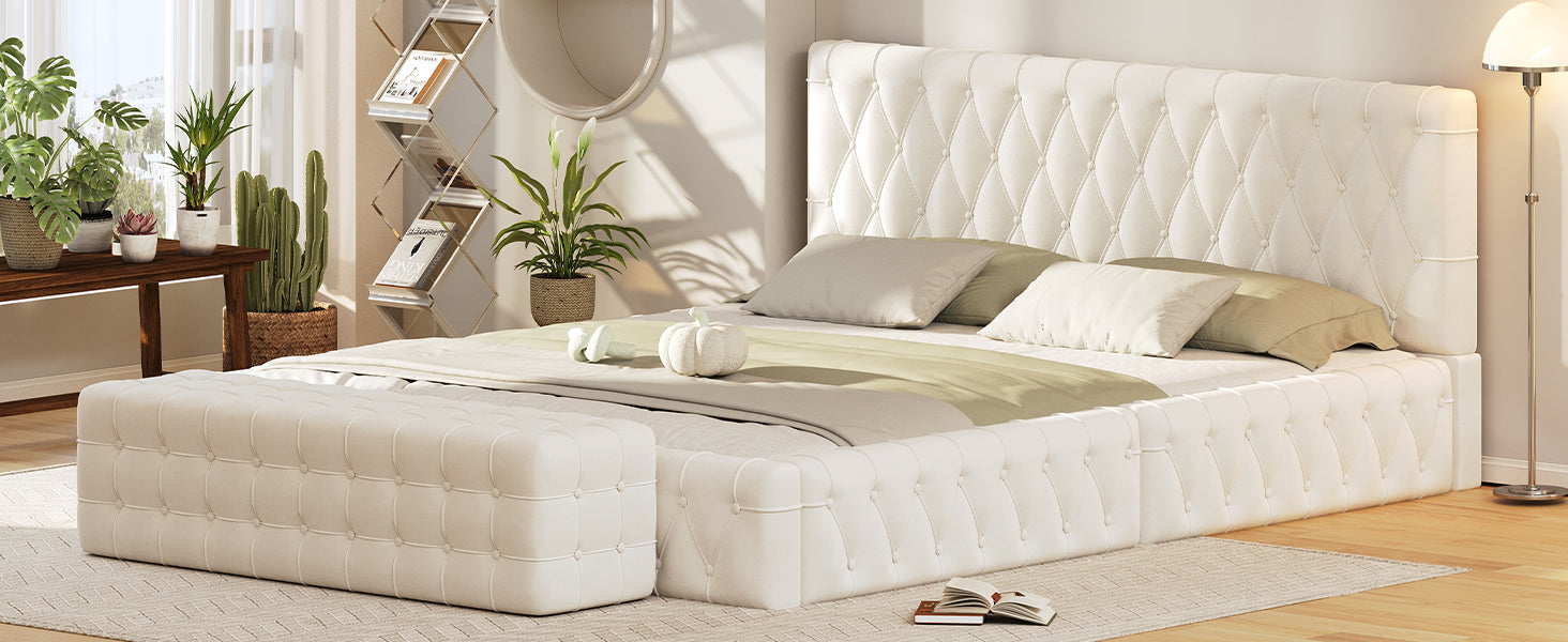 2 Pieces Bedroom Sets Queen Size Upholstered Bed With Rectangular Upholstered Ottoman For Bedroom,White Queen White 2 Piece Set Solid Wood Mdf