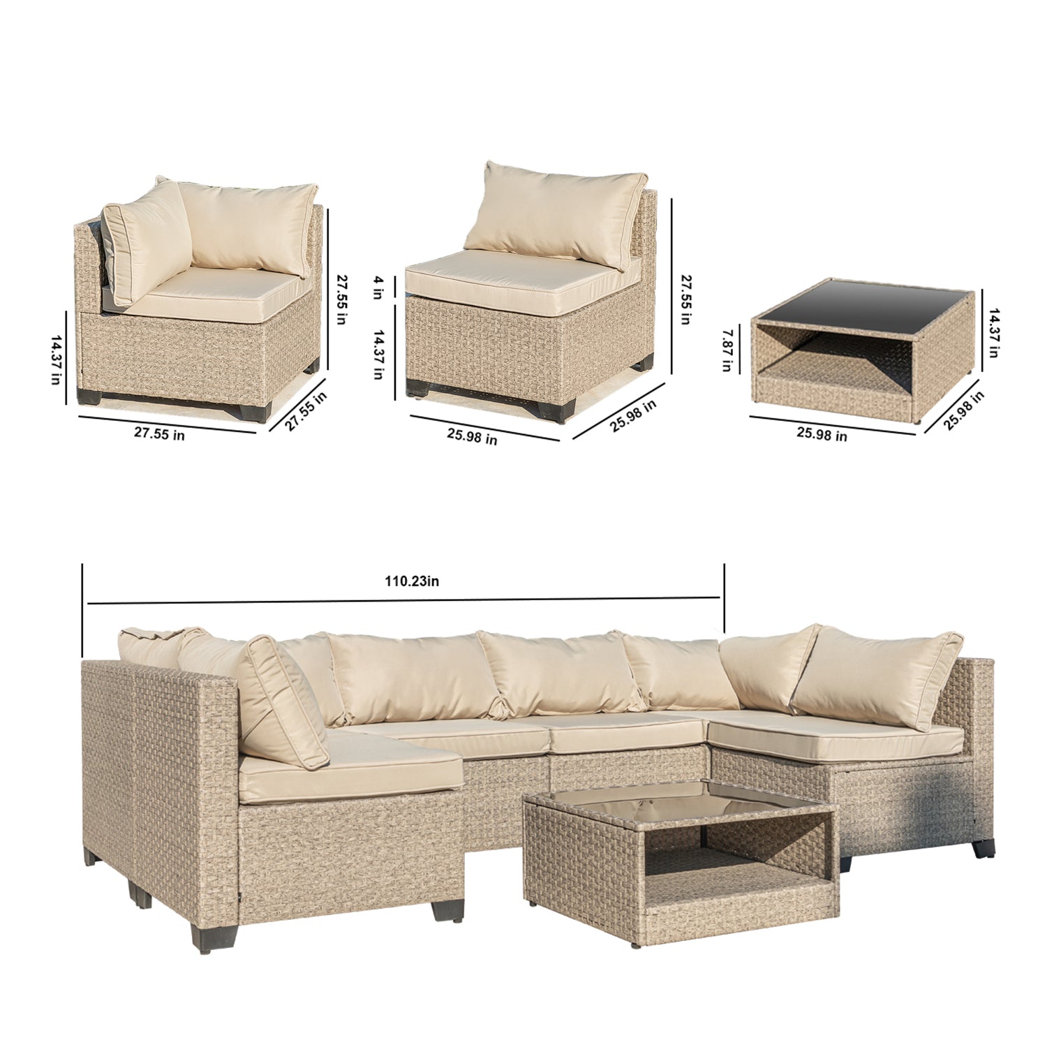 5 Piece Patio Furniture Set, All Weather Boho Outdoor Conversation Set Sectional Sofa With Water Resistant Grey Thick Cushions Beige Pe Rattan Iron Waterproof Fabric