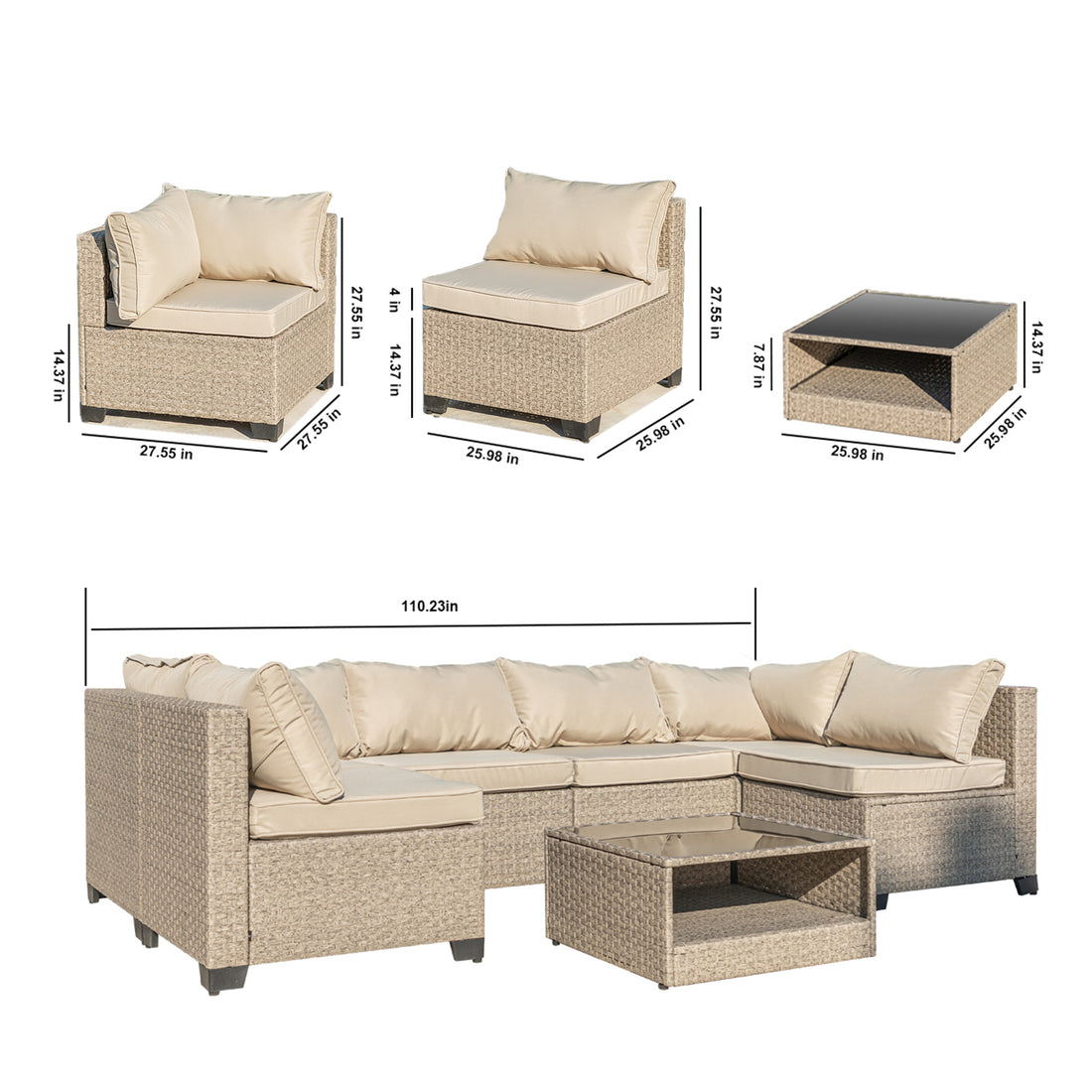 8 Piece Patio Furniture Set, All Weather Boho Outdoor Conversation Set Sectional Sofa With Water Resistant Grey Thick Cushions Light Khaki Beige Metal