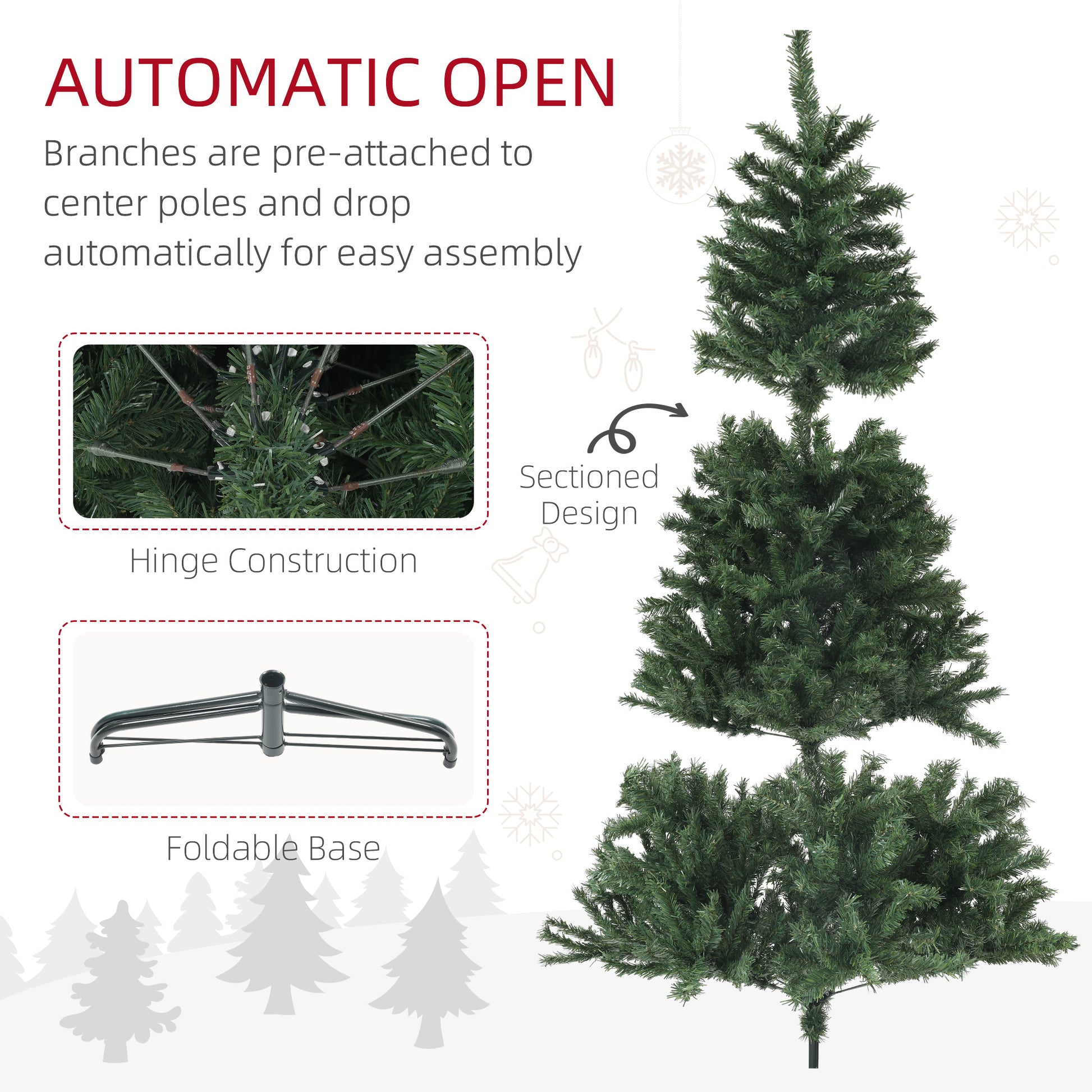 Homcom 7.5Ft Artificial Christmas Tree, Xmas Tree With 1346 Branch Tips, Auto Open, Holiday D Cor With Steel Base For Home Office, Green Green Steel