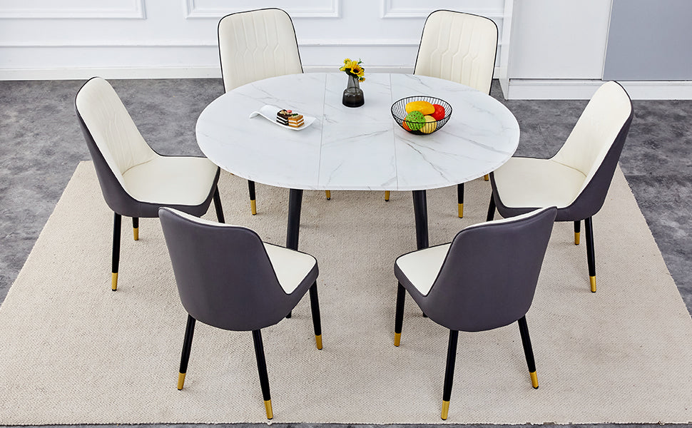 Table And Chair Set.Modern Extendable Mdf Dining Table.The Table Has A Telescopic Design, Suitable For Gatherings Of Different Size.Paired With 6 Chairs With Pu Cushions And Black Metal Legs. Dark Gray,White Seats 6 Mdf Metal