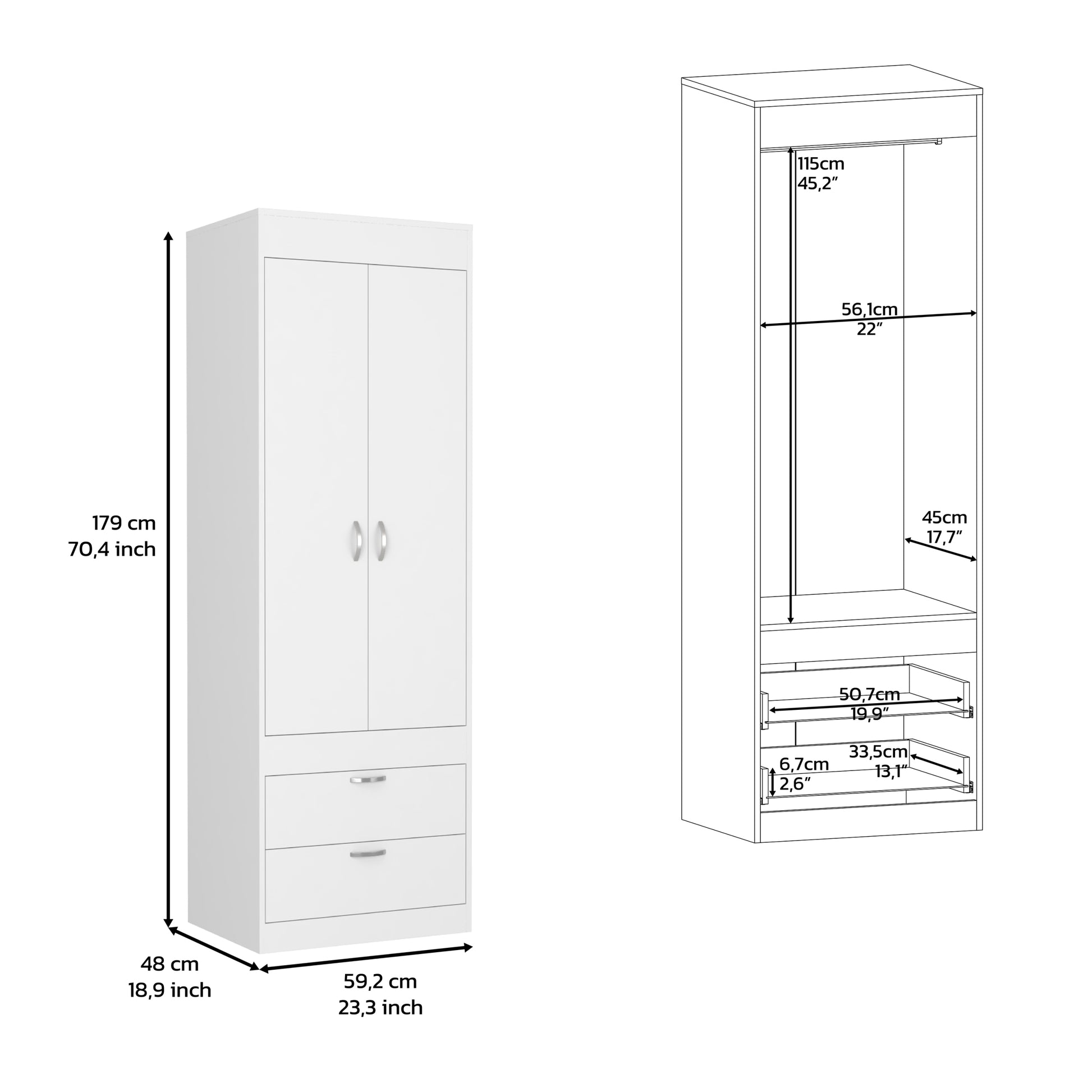 Armoire 70H", Double Door Cabinet, Two Drawers, Metal Handles, Rod, White White Particle Board Particle Board