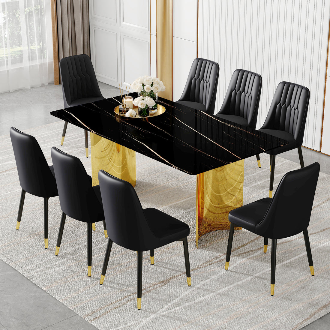 Table And Chair Set.The Table Has A Glass Top With Imitation Marble Pattern Stickers And Stainless Steel Golden Legs. Paried With Chairs With Pu Artificial Leather Backrest Cushions And Black Legs. Black Gold Seats 8 Glass Metal