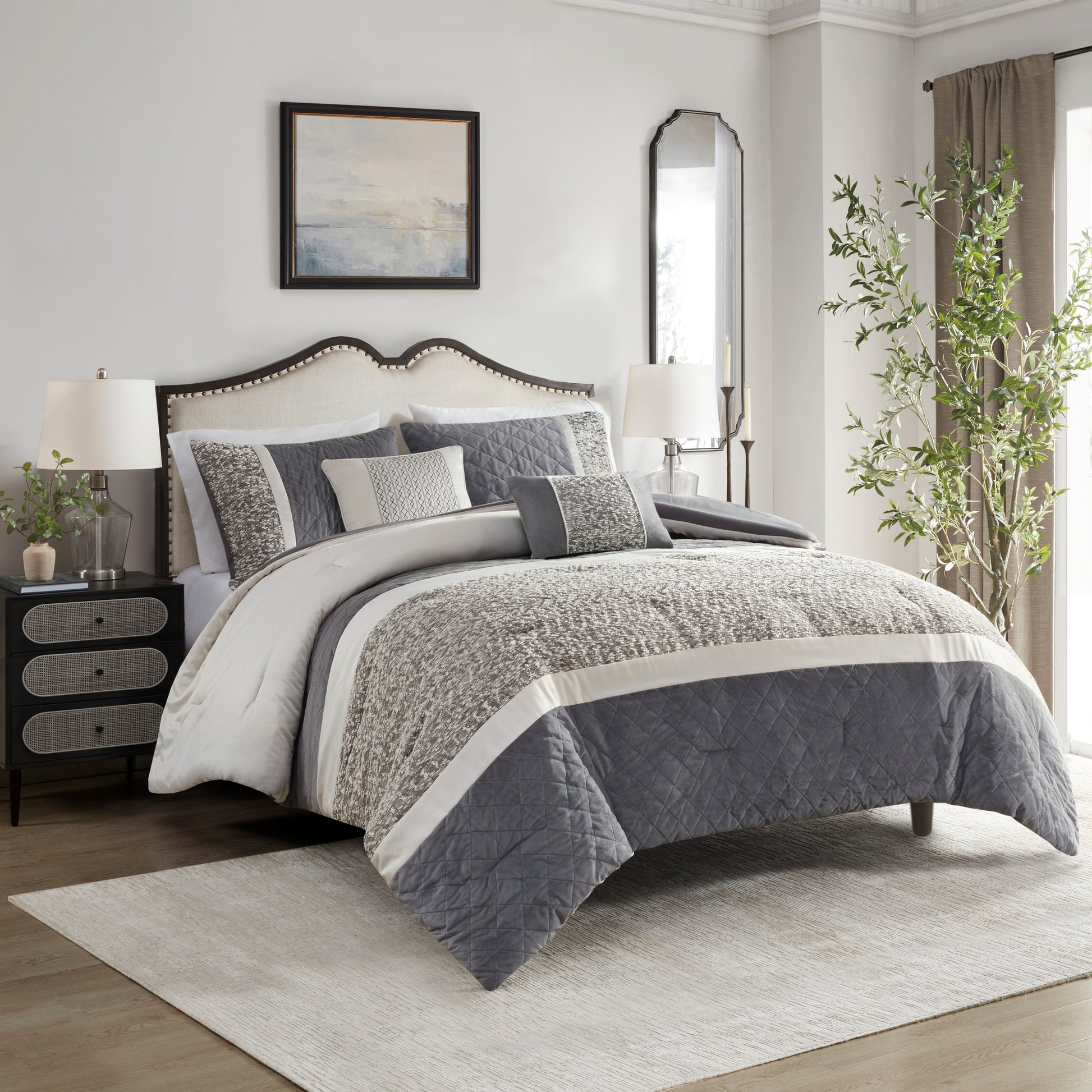 5 Piece Textured Jacquard Stripe Comforter Set With Throw Pillows Full Queen Multicolor Polyester