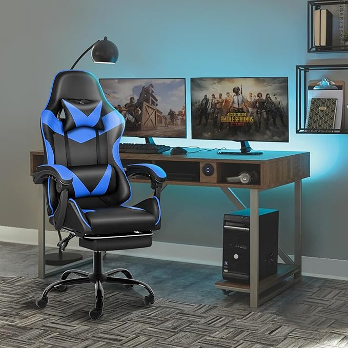 Gaming Chair, Backrest And Seat Height Adjustable Swivel Recliner Racing Office Computer Ergonomic Video Game Chair With Footrest And Lumbar Support, Black Blue Black Blue Plastic