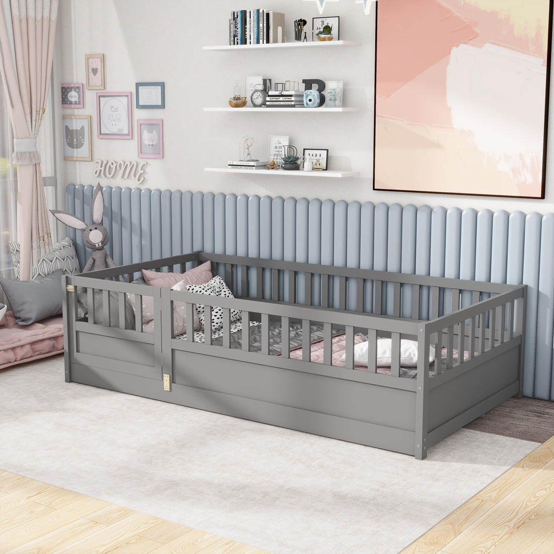 Twin Size Floor Bed, Integral Construction With Super High Security Barrier, Door, Children'S Floor Bed Frame, Montessori Wooden Children'S Floor Bed, Grey Box Spring Required Twin Grey Wood Brown