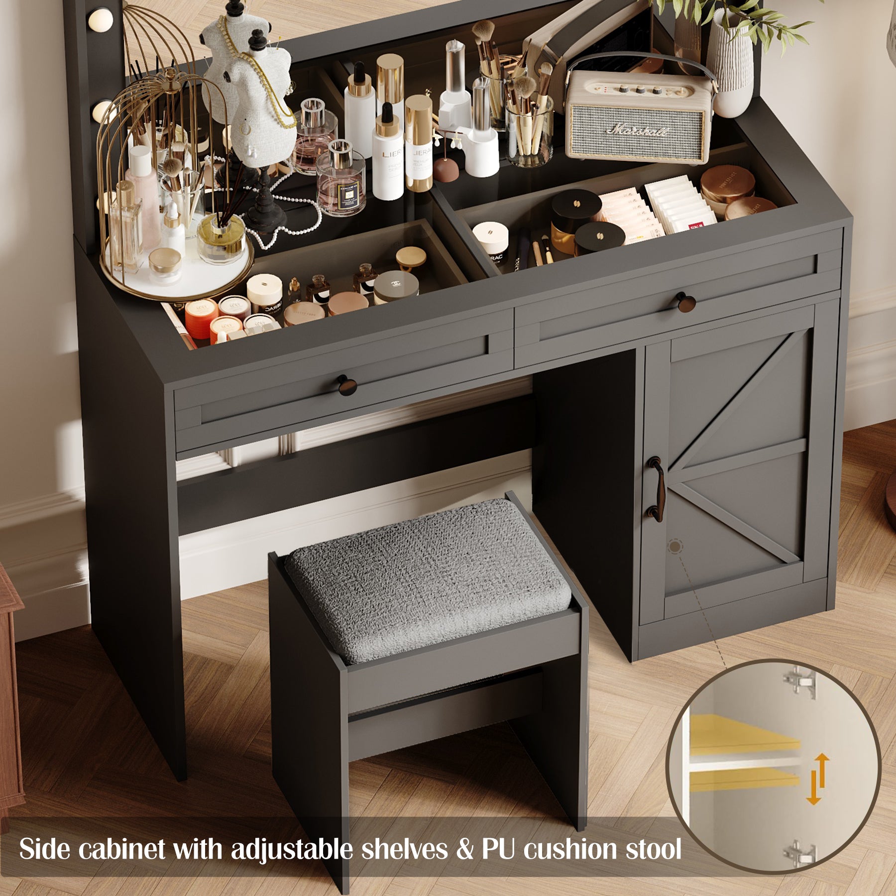 43.4"Makeup Vanity Table, Makeup Table With Large Mirror And 11 Led Lightbrightness Adjustable, Dressing Table Desk With 3 Drawers, Vanity Desk For Women Black With Stool Black Particle Board