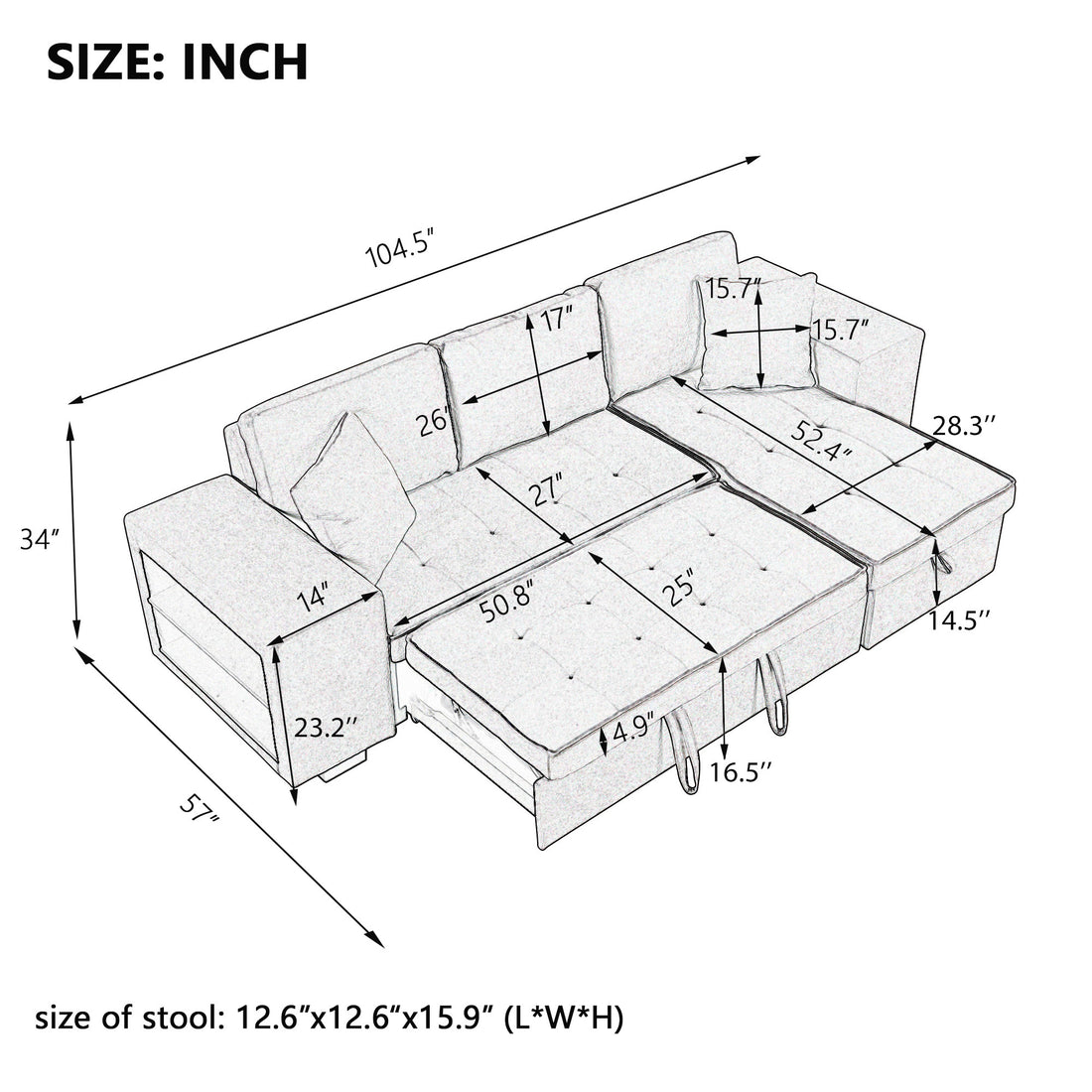 104.5" Modern L Shape 3 Seat Reversible Sectional Couch, Pull Out Sleeper Sofa With Storage Chaise And 2 Stools For Living Room Furniture Set,Knox Charcoal Old Sku:Sg000431Aaa Knox Charcoal Foam Linen 3 Seat