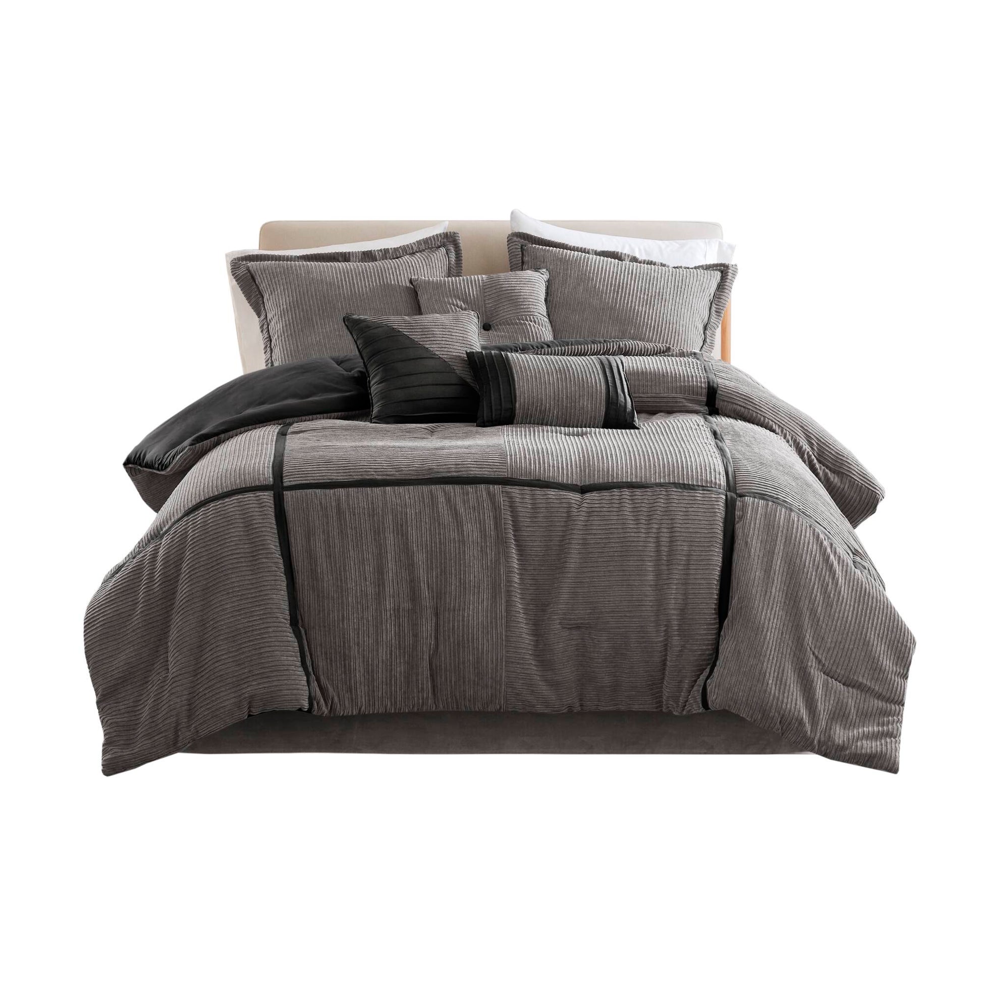 7 Piece Micro Corduroy Comforter Set Grey Cal King Grey Polyester