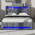 Full Size Upholstered Platform Bed With Storage Headboard, Led, Usb Charging And 4 Drawers, Gray Full Box Spring Not Required Gray Wood Linen Upholstered